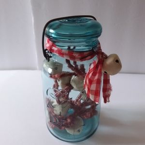 WINTER SALE Vintage Blue Ball Mason Canning Jar w/Jingle Bells,Homespun Garland